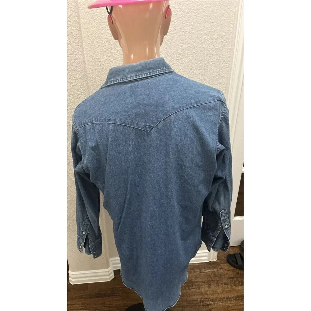 Vintage Wrangler Denim Pearl Snap Sanforized Shirt Men's Size 16 1/2x33 Raw Edge - Picture 3 of 8
